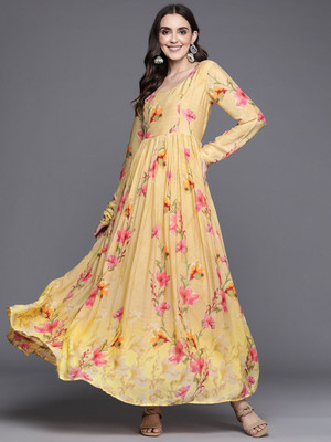 Varanga Women Printed Anarkali Kurta(Yellow)