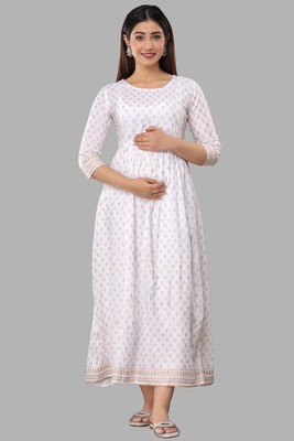 KSLAALJI Women Printed Flared Kurta(White)