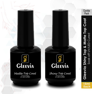 Gleevia UV Nail Top Coat Glossy and Top Coat Matte with Brush 15ml Pack (Combo Pack) Transparent(Pack of 2)