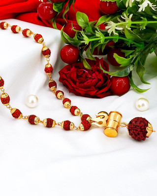 RRSKT Trishul Damru & Rudraksha With Golden Cap Mala Gold-plated Wood Pendant