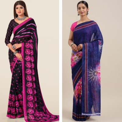 Uveeka Printed Daily Wear Georgette Saree(Pack of 2, Blue, Pink)