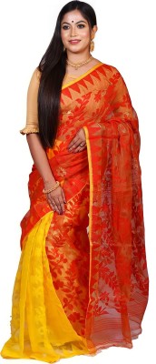 TRADITIONAL HOUSEE Embroidered Jamdani Cotton Silk Saree(Red, Yellow)