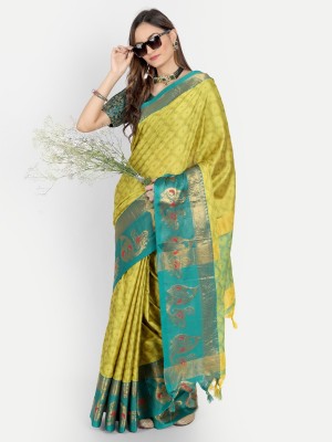 VRINDITA FASHION Woven Venkatagiri Jacquard, Cotton Silk Saree(Blue, Yellow)