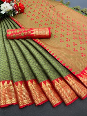 SGF11 Woven Banarasi Art Silk, Cotton Silk Saree(Dark Green)