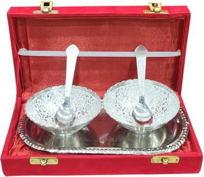 SAFESEED Silver Plated Bowl with Tray for Return Gifts, Baby Shower & more Bowl, Spoon, Tray Serving Set(Pack of 5)