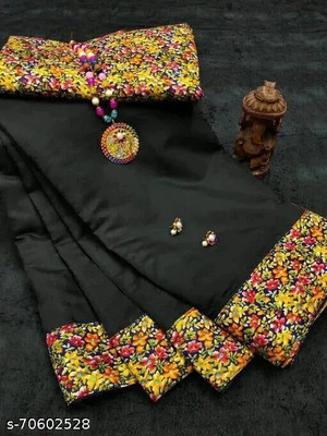 manish Solid/Plain Chanderi Cotton Blend Saree(Black)