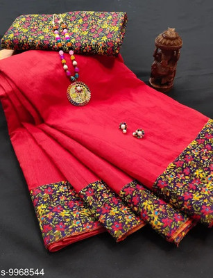 manish Solid/Plain Chanderi Cotton Blend Saree(Red)