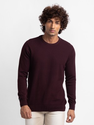 Spykar Solid Round Neck Casual Men Purple Sweater