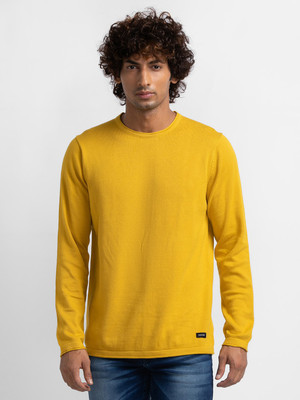 Spykar Solid Round Neck Casual Men Yellow Sweater