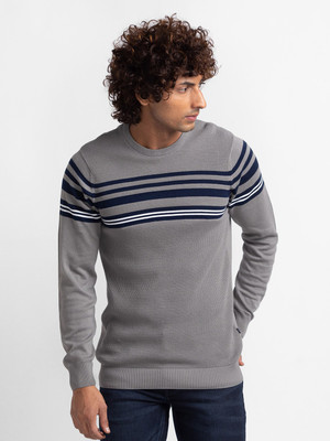 Spykar Woven Round Neck Casual Men Grey Sweater