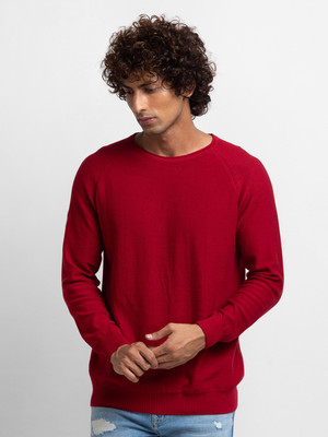 Spykar Solid Round Neck Casual Men Red Sweater