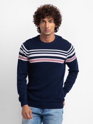 Spykar Striped Round Neck Casual Men Blue Sweater