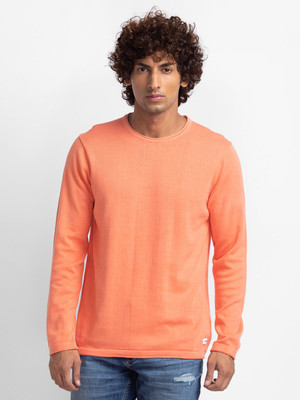 Spykar Solid Round Neck Casual Men Pink Sweater