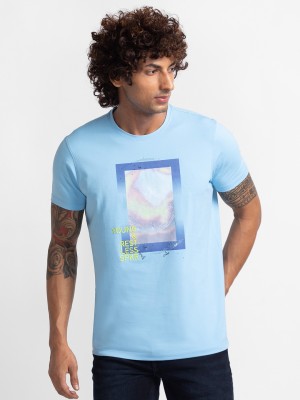 Spykar Printed Men Round Neck Blue T-Shirt