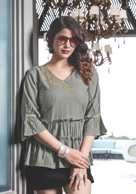 Fashionseye Casual Embroidered Women Grey Top