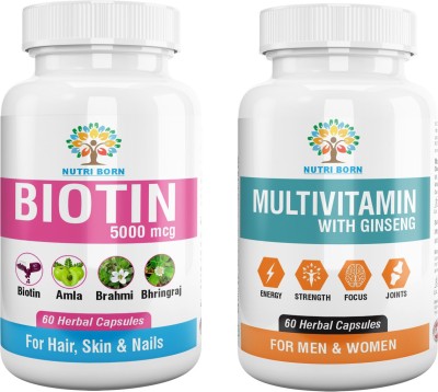 nutriborn Biotin Hair & Beard Growth & Multivitamin Probiotics, Immunity & Gut Combo(2 x 60 Capsules)