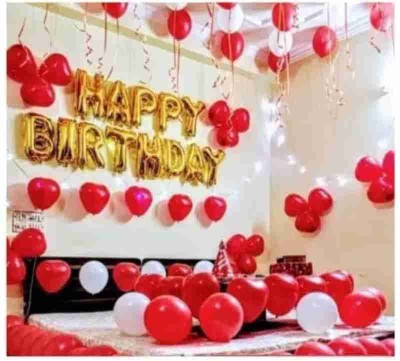 Party clue Solid Happy Birthday Golden Foil Letter Balloons With 30 Red ,White Metalic Balloons Balloon(Red, White, Gold, Pack of 43)