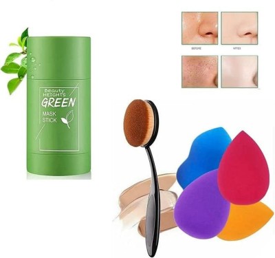 Lusty soul Green Tea Mud Mask Oil Control Skin Rotating Cream Mask Stick Mud Clay Mask (40 g) + Oval Foundation Brush + 4 blender(6 Items in the set)