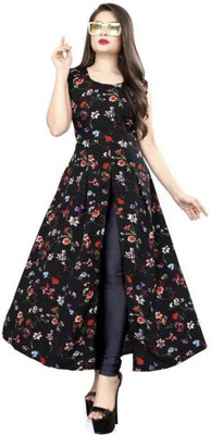 Savitricreation Women Floral Print Frontslit Kurta(Black)