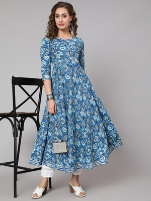 GLAM ROOTS Women Floral Print Anarkali Kurta(Blue)