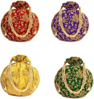 eFashionDeals Embroidery Fashionable Potli Purse Maroon, Blue, Yellow & Green PO4 Potli(Pack of 4)