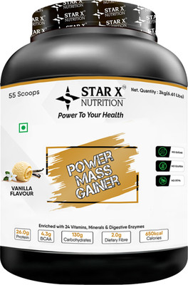 Star X nutrition Power Mass Gainer (Vanilla) - 26g Protein, 130g Carbohydrates, 4.3g BCAA, (3kg) Weight Gainers/Mass Gainers(3 kg, Vanilla)