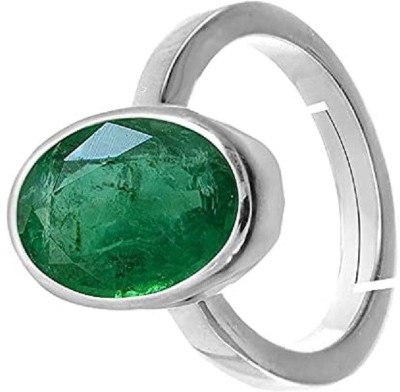 EVERYTHING GEMS 7.25 Ratti 6.65 Carat AAA+ Quality Natural Natural Emerald Panna Lab - Certified Brass Emerald Silver Plated Ring