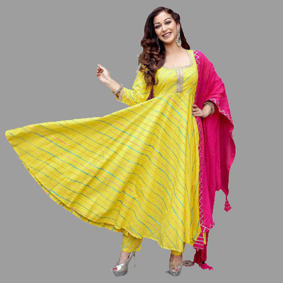 Radhe Fabric Striped Anarkali Kurta, Bottom & Dupatta Set