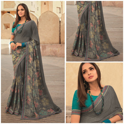 RUKHA FAB Self Design, Printed Daily Wear Georgette, Chiffon Saree(Grey)