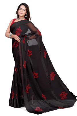 PLOCEUS Printed Bollywood Silk Blend Saree(Black)