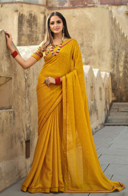 RUKHA FAB Printed, Hand Painted, Geometric Print, Embroidered, Graphic Print, Solid/Plain Bollywood Georgette, Chiffon Saree(Yellow)