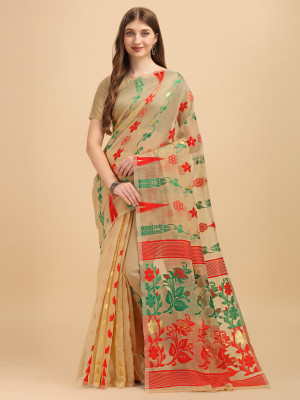 CHOICEIT Self Design Jamdani Cotton Linen Saree(Beige)