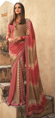 RUKHA FAB Printed, Hand Painted, Geometric Print, Embroidered, Graphic Print, Solid/Plain Bollywood Georgette, Chiffon Saree(Red, Grey)