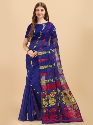 sareesy Floral Print Jamdani Cotton Linen Saree(Blue)