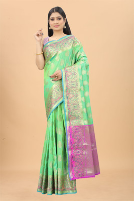 SWORNOF Self Design Banarasi Silk Blend Saree(Light Green)