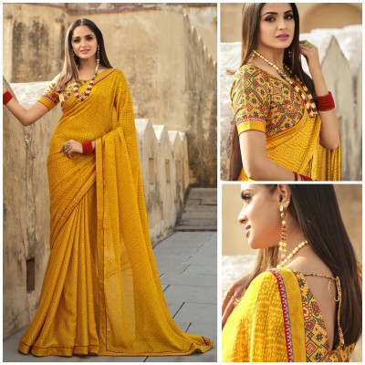 DIKONA DESIGNER Printed, Self Design, Graphic Print, Floral Print, Checkered, Solid/Plain Bollywood Georgette, Chiffon Saree(Yellow)