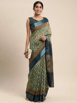 Ratnavati Geometric Print Bollywood Linen Saree(Green)