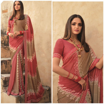peer store Printed, Self Design, Floral Print, Dyed, Solid/Plain Bollywood Georgette, Chiffon Saree(Red, Grey)
