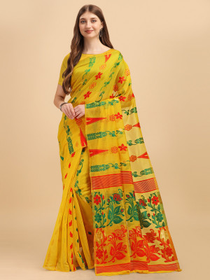 CHOICEIT Self Design Jamdani Cotton Linen Saree(Yellow)