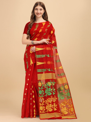 CHOICEIT Self Design Jamdani Cotton Linen Saree(Red)