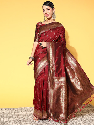 Ratnavati Floral Print Banarasi Cotton Silk Saree(Brown)
