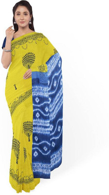 hastshilpi Printed, Color Block, Applique, Dyed, Floral Print Daily Wear Pure Cotton Saree(Yellow)