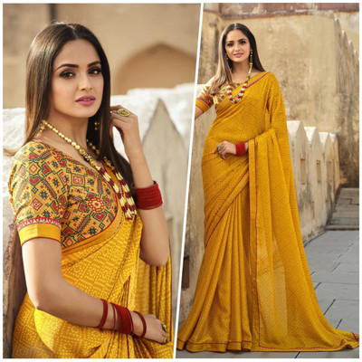 peer store Printed, Self Design, Floral Print, Dyed, Solid/Plain Bollywood Georgette, Chiffon Saree(Yellow)