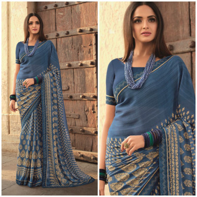 BLEESBURY Printed, Hand Painted, Geometric Print, Embroidered, Graphic Print, Floral Print, Solid/Plain Bollywood Georgette, Chiffon Saree(Blue)