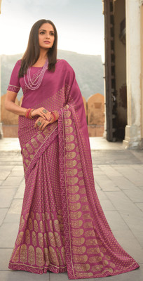 Dhandai Fashion Printed, Self Design, Embellished, Floral Print Bollywood Georgette Saree(Pink)
