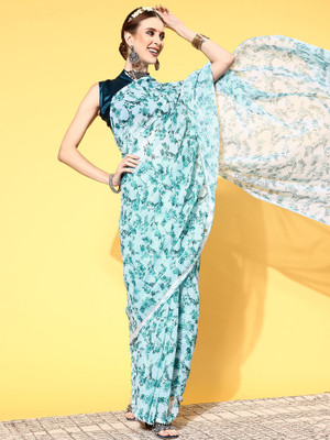 Ratnavati Floral Print Bollywood Georgette Saree(Light Blue)