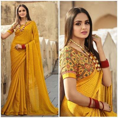 MEETVIN COUTURE Printed Bollywood Georgette, Chiffon Saree(Yellow)