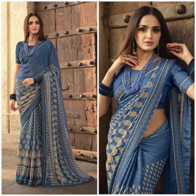 MEETVIN COUTURE Printed Bollywood Georgette, Chiffon Saree(Blue)