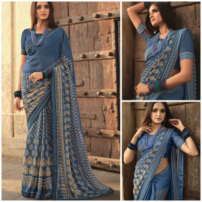 PHORIA STYLE Printed, Self Design, Graphic Print, Floral Print, Solid/Plain Bollywood Georgette, Chiffon Saree(Blue)