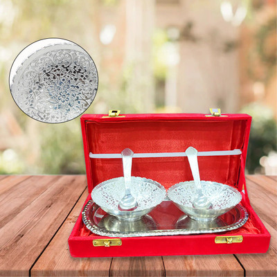 Wanzhow German Silver Plated Bowl Set Bowl, Spoon, Tray Serving Set(Pack of 1)